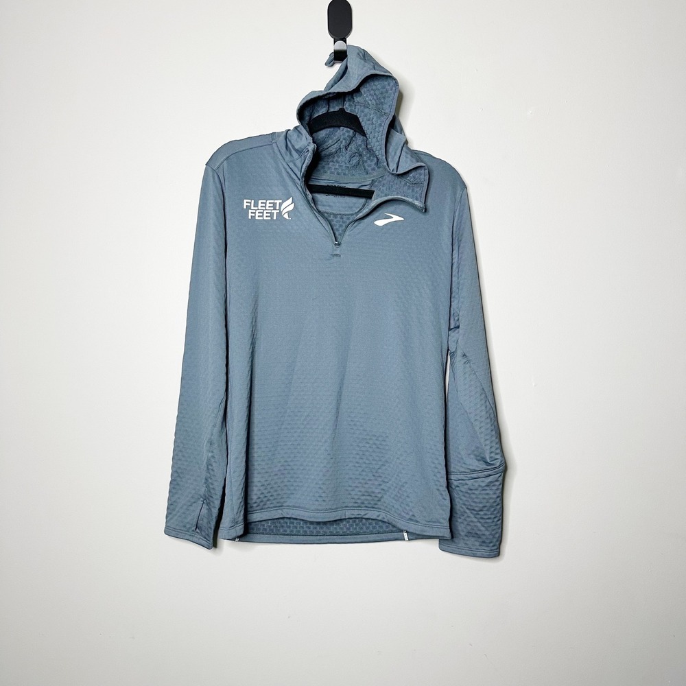Brooks Notch Thermal Hoodie 1/2 Zip Mens Small Blue Gray Fleet Feet Waffle Knit